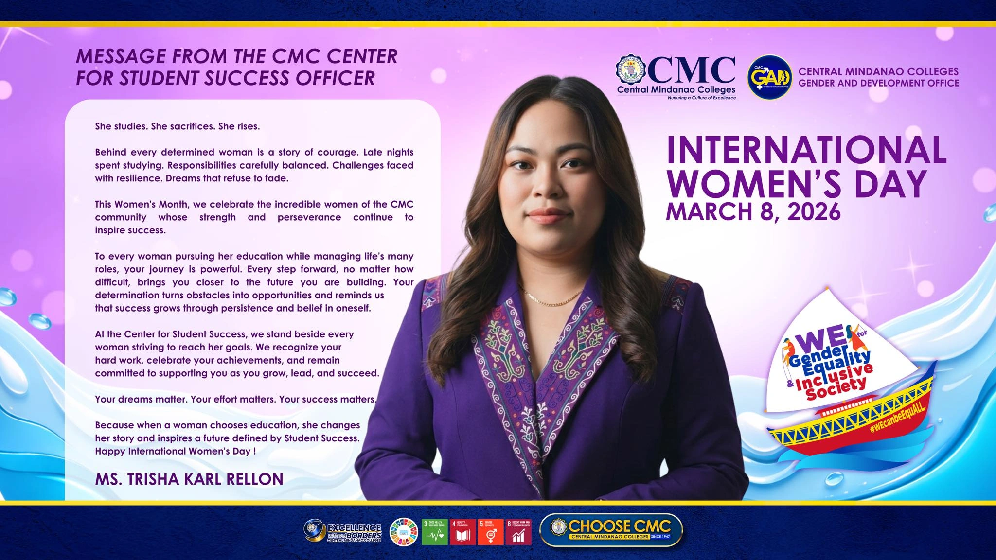 Message from the CMC Center for Student Success Officer, Ms. Trisha Karl Rellon